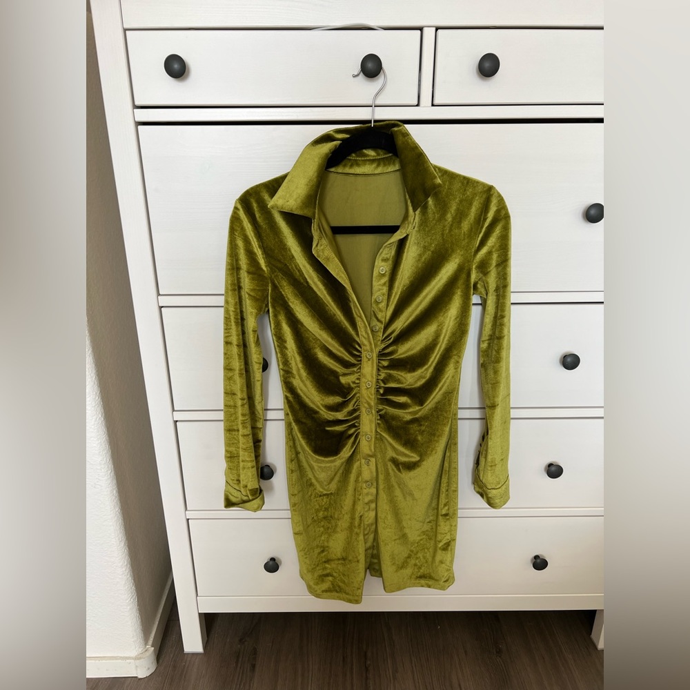 Long sleeve button up velvet shirt mini dress